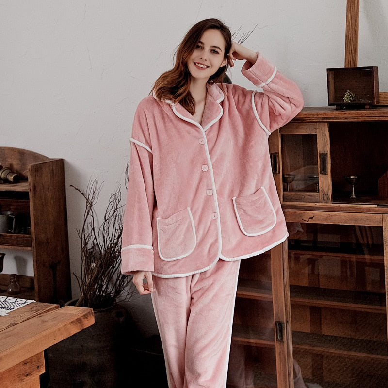 Autumn Winter Flannel Pajamas Set Women Loungewear Warm Thick 2PCS Sleepwear Loose Pijamas Suit Femme Pyjamas Pour Homewear