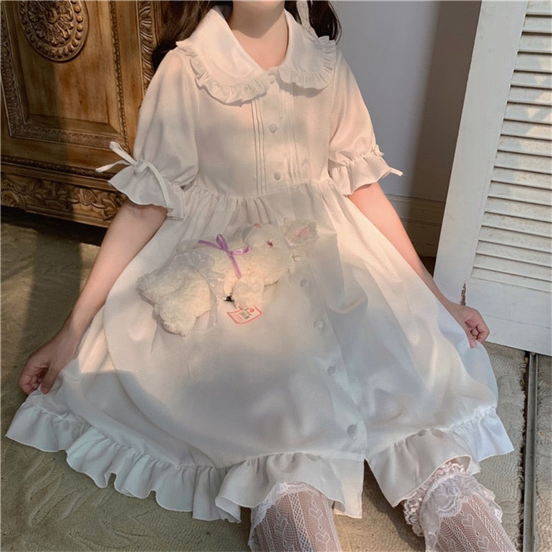 Dulce chica japonesa Lolita Drees Kawaii Peter Pan Collar Cute Ruffle Puff Sleeve Drees Color sólido Elegante Retro Lady Drees