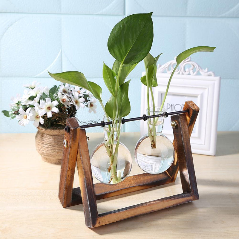 Jarrón de madera de vidrio para terrario, mesa de escritorio, planta hidropónica, bonsái, maceta colgante con bandeja de madera, decoración del hogar
