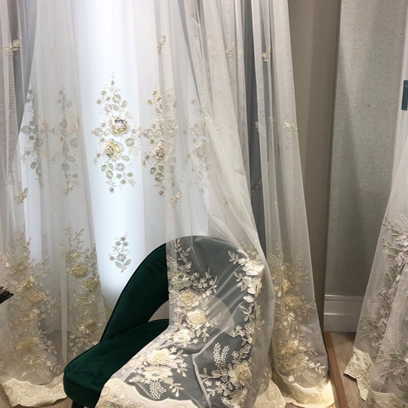 Cortina de gasa bordada de terciopelo romántico francés para sala de estar patrón Floral cortina transparente delicada persianas de dormitorio S467