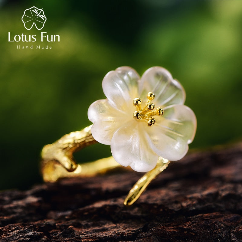 Lotus Fun, Plata de Ley 925 auténtica, piedras preciosas naturales, joyería fina, flor bonita bajo la lluvia, anillo, anillos abiertos para mujer, accesorios