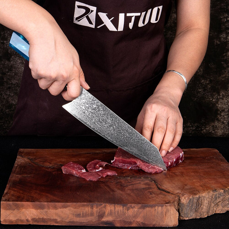 XITUO Damascus Kitchen Knife Japan VG10 Steel Professional Kiritsuke Chef knife Octagonal Blue Resin Handle New Cleaver Gift Hot