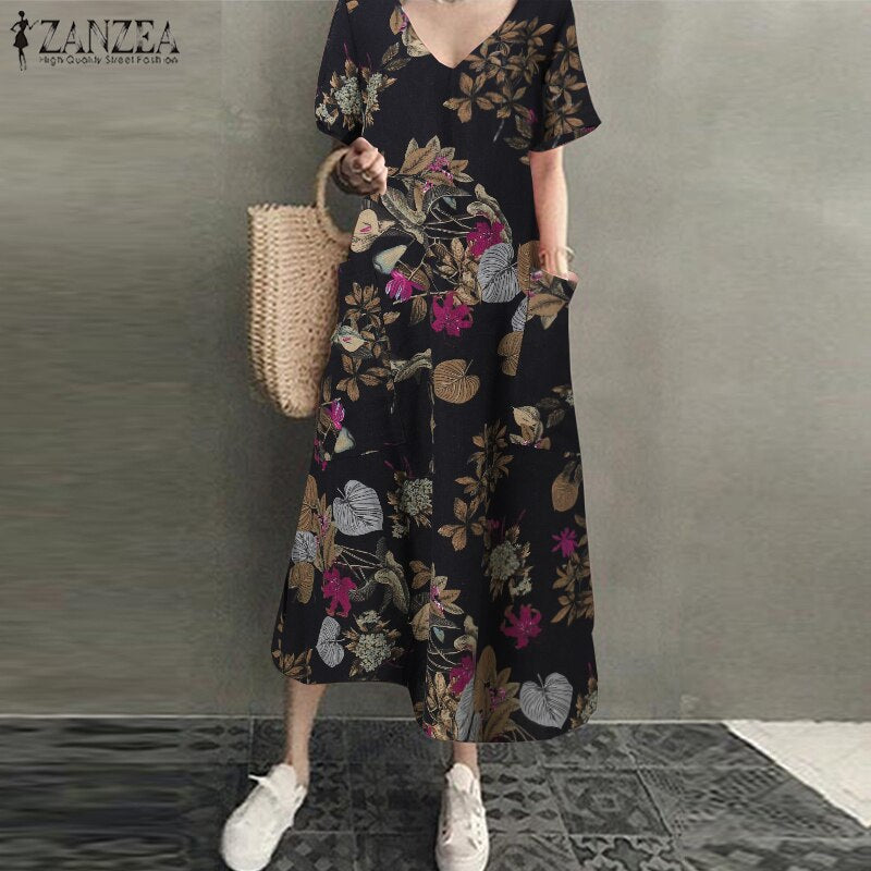 ZANZEA 2022 mujeres largo Maxi vestido de verano Casual algodón Lino señoras grandes bolsillos playa fiesta bata Mujer Vestidos
