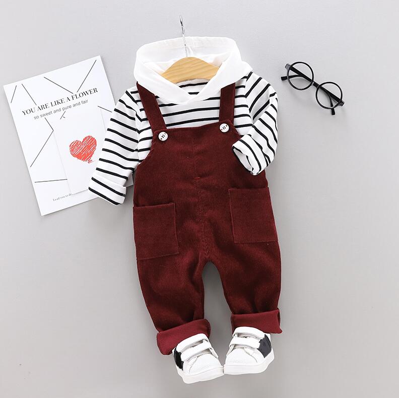 Spring Autumn Baby Boys Girls Clothes Infant Cotton Striped T Shirt Bib Pants 2pcs/sets Kids Garment Children Casual Sport Suit