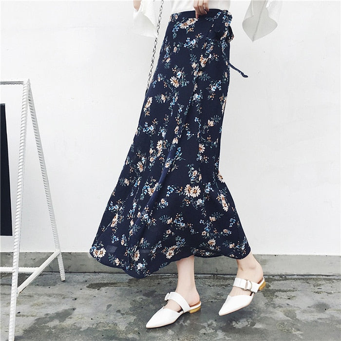2021 Bohemian High Waist Floral Print Summer Skirts Womens Boho Asymmetrical Chiffon Skirt Maxi Long Skirts For Women