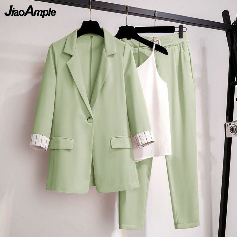 2021 Autumn New Suit Jacket Suspender Pants Three-piece Women&