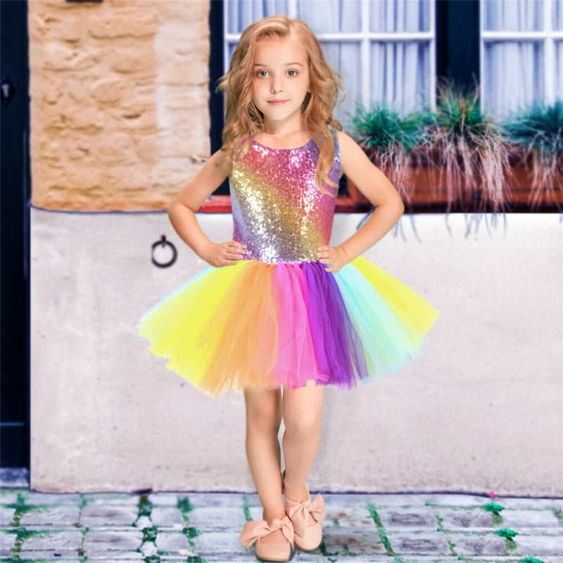 Rainbow Sequins Tutu Dress for Kids Fashion Backless Sleeveless Tulle Dress Girls Clothes Colorful Children Girl Party Dress 2-8