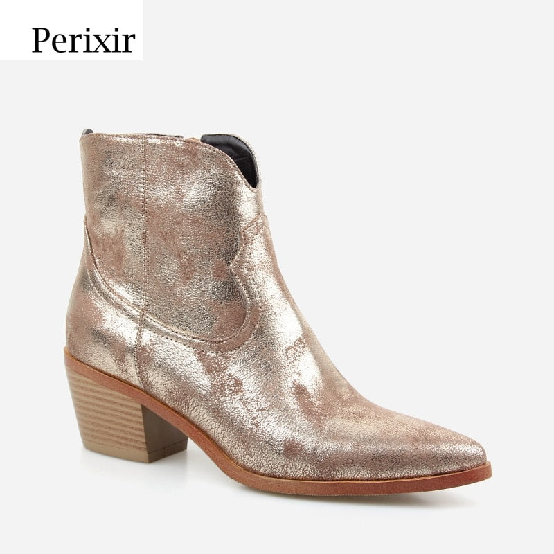 Perixir, nueva moda, botas de tacón alto Retro para mujer, botas de tacón cuadrado con cremallera, puntiagudas concisas, botas para mujer, zapatos dorados para invierno 2020