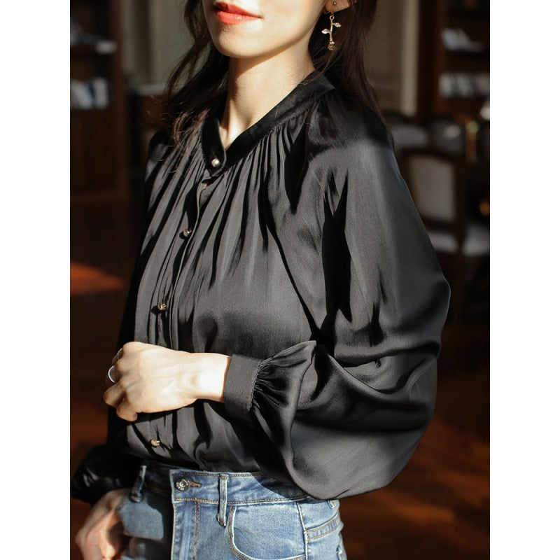 Pearl White Satin Shirt Women Spring Summer Long Sleeve Faux Silk Blouse Female Fashion Ladies Tops Loose Vintage Shirts Blusa