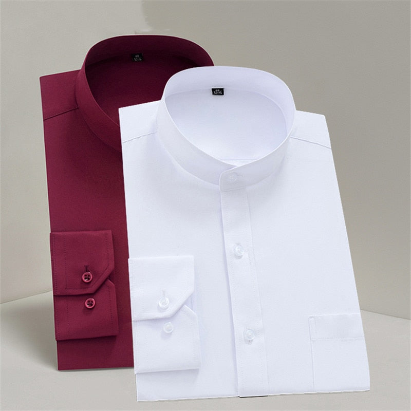 2019 Male Mandarin Collar Shirt Man White Business/Party/Forma Non-ironing Chinese Style Solid Crew Neck Single Breasted Shirt L