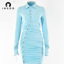 INGOO Pleated Slim Turn-Down Collar Shirt Dress Women Casual Long Sleeve Button Up Mini Dresses Bodycon Solid Elegant Streetwear