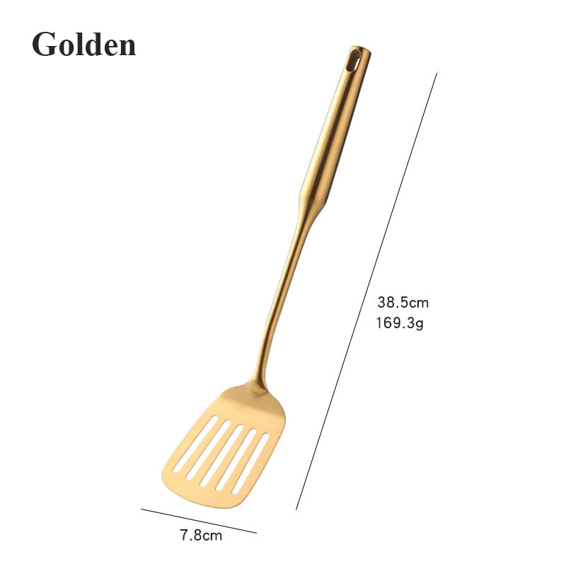 1/7 pcs Stainless Steel Kitchenware Set Long Handle Cooking Tools Matt Polish Slotted Turner Gold Kitchen Accessories Utensil