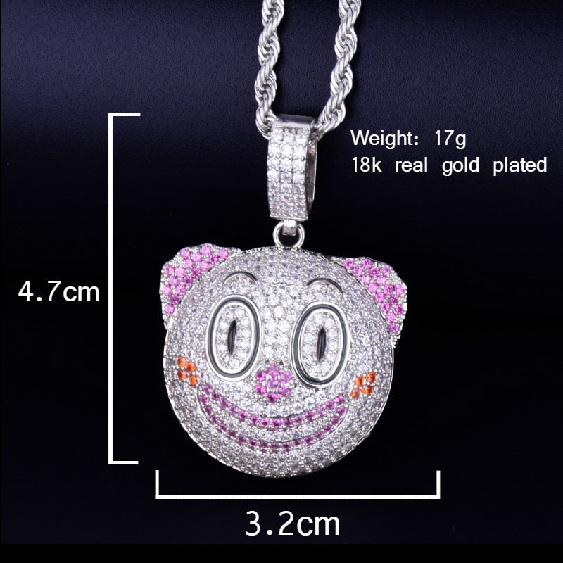 Clown Round Face Pendant Necklace Gold Color Charm Cubic Zircon Men&