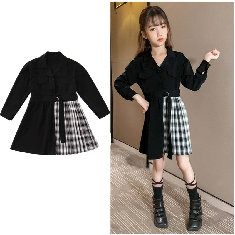 Kids Blazer Dress 2022 Girl Formal Black Blazer Dress Suit Jacket Female Fashion Children's Stitching Plaid Blazer Party Costume