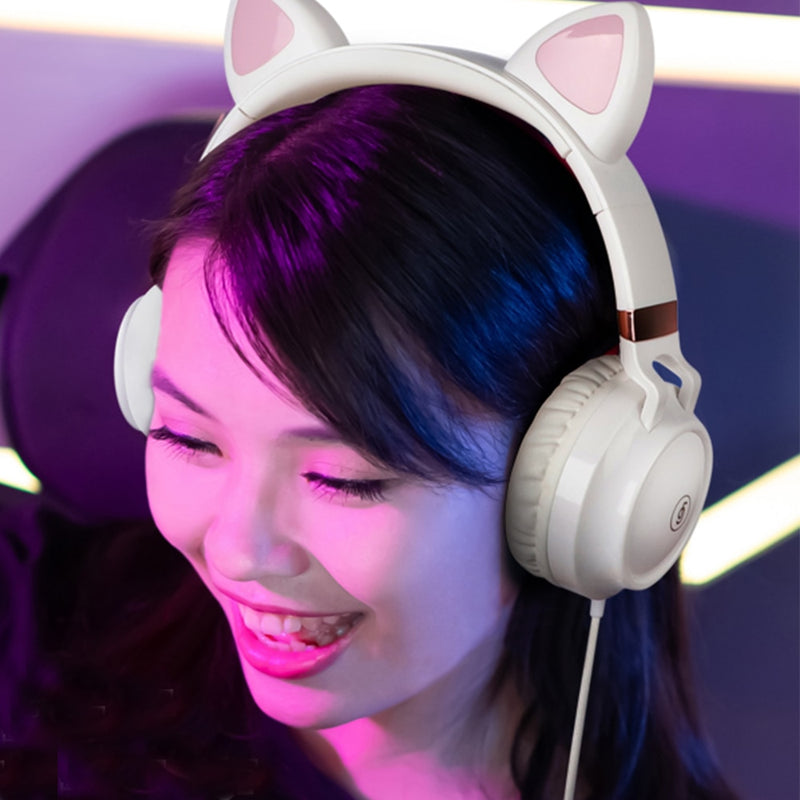 Cute Cat Ear Headphone Wired Headphones Muisc Stereo Earphones Wired Headset with Microphone Adult Girl Kid Child Headset Lovely