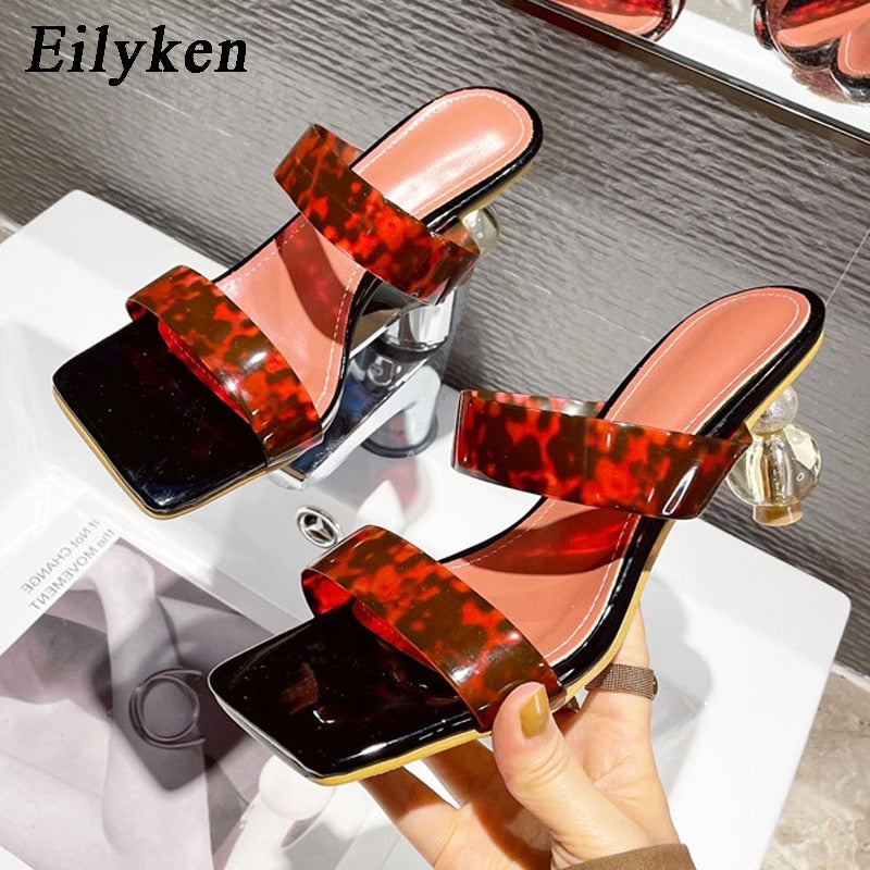 Eilyken 2023 Neue Sommer Karree Damen Hausschuhe PVC Transparente Kristall Seltsame Stil Klare Ferse Frauen Leopard Korn Rutschen