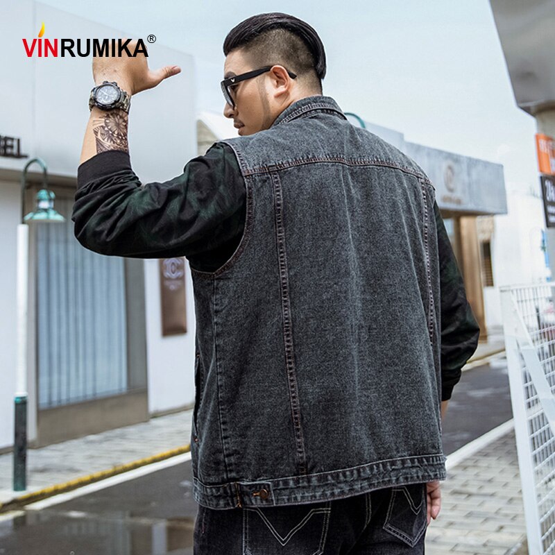 Talla grande 2022 hombres Kpop moda estilo Casual otoño primavera vaquero negro chaleco chaqueta hombre Denim azul algodón chalecos abrigos 5XL 6XL 7XL