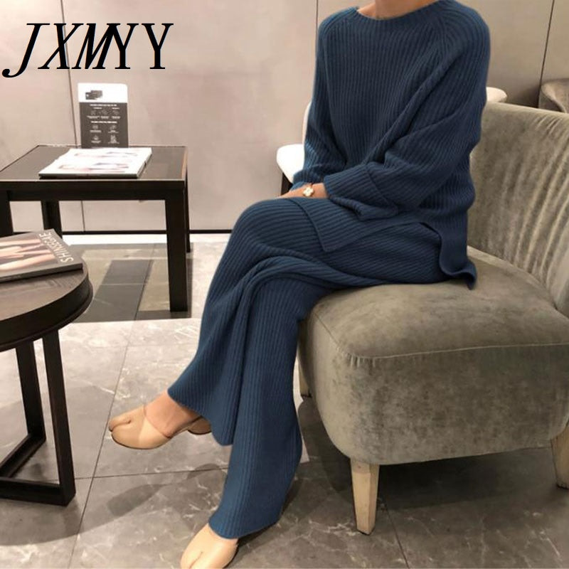 JXMYY 2022 nueva moda de invierno para mujer, suéter de punto cálido grueso, suéter, trajes de dos piezas + conjunto de pantalones de pierna ancha sueltos de cintura alta