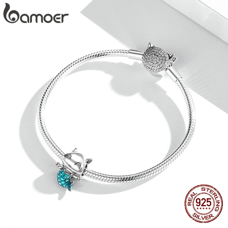 bamoer 925 Sterling Silber Kitty Meerjungfrau Charm blauer Emaille Perlenanhänger für Bettelarmband Armreif zum Selbermachen für Mädchen