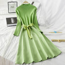 ALPHALMODA, vestido de punto acampanado con cuello alto para mujer, novedad de 2019, vestido de punto con fajas elegantes a rayas de flecha gruesa para mujer