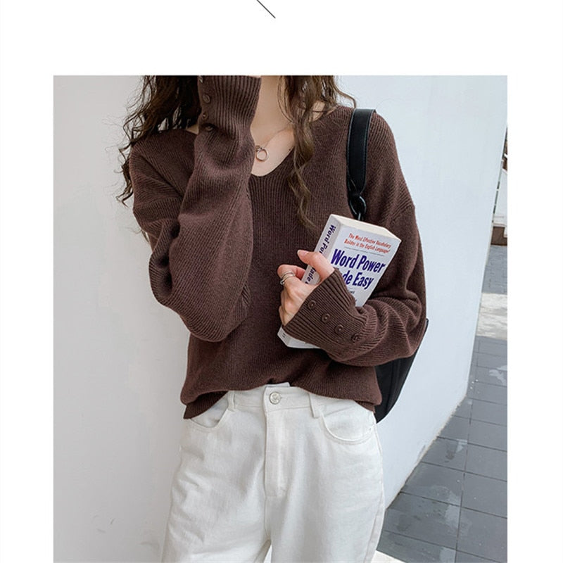 2022 Autumn Spring Women Sweaters Female Tops Knitted Thin Pullover Solid V-neck Loose Elegant Office Lady Casual All Match