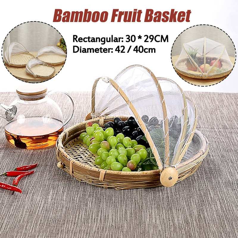 Hand-Woven Food Serving Tent Basket Tray Fruit Vegetable Bread Storage Basket Simple Rattan Outdoor Picnic Mesh Net Cover