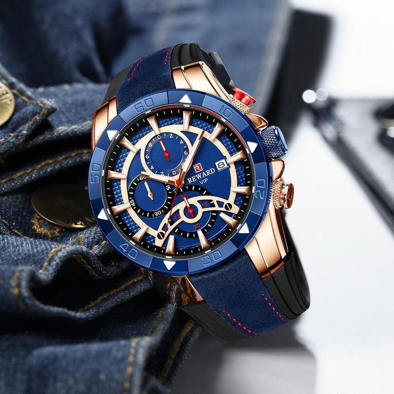 BELOHNUNG Mode Blau Männer Uhren Chronograph Top Marke Wasserdichte Quarzuhr Männer 2022 Neue Große Zifferblatt Sport Armbanduhr