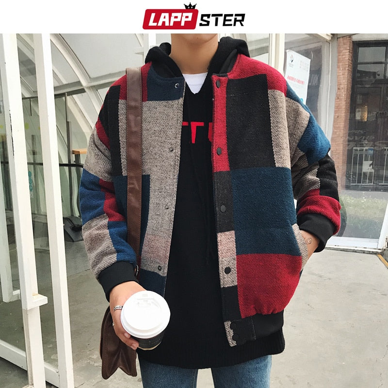 LAPPSTER otoño hombres Harajuku Plaid Bomber chaquetas 2022 hombres ropa informal japonesa rompevientos moda coreana chaquetas de béisbol