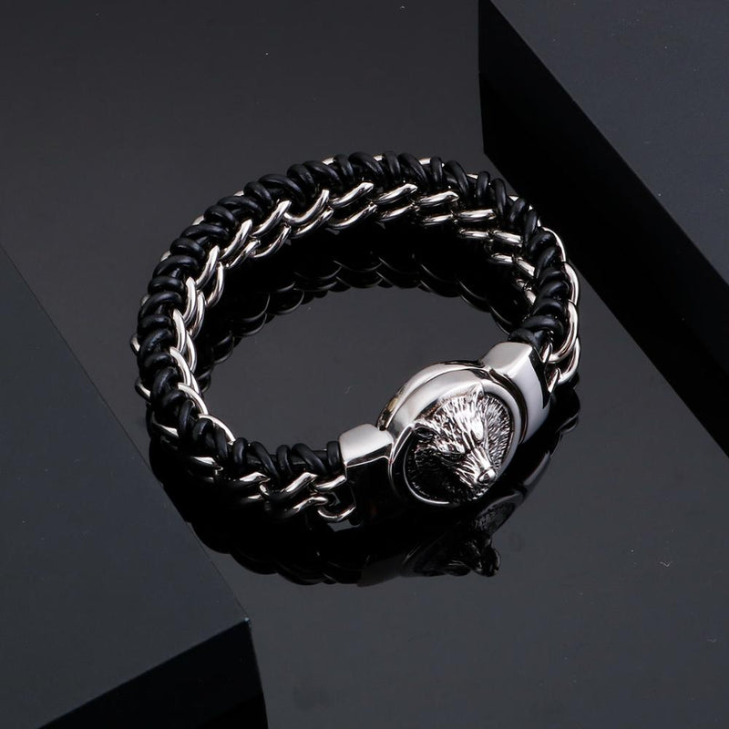 Fongten Antique Teen Wolf Head Charm Bracelet Braid Stainless Steel with Leather Rope Men's Bracelets Bangle Wristband Pulseira