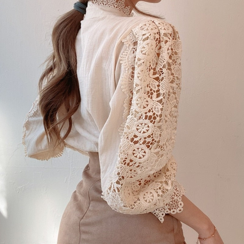 Blusas Mujer De Moda 2022 Spring Hollow Out Lace Shirt Women Office Lady Flower Blouse Stand Collar Button Female Clothing 12419