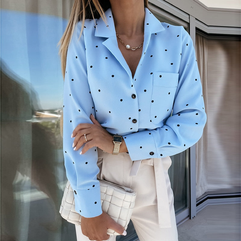 Muiches Casual Deep V-Neck Polka Dot Print Long Sleeve Blouse Woman Single Breasted Pocket Office Work Chiffon Tops 2021 New