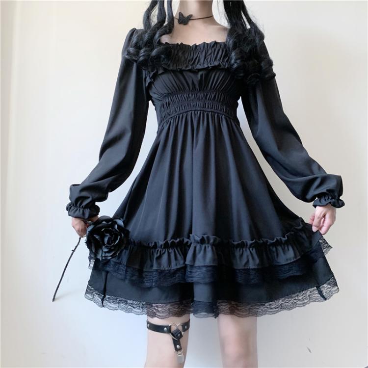 Harajuku japonés estilo oscuro verano nuevos vestidos Vintage cuello cuadrado encaje Puff manga vestido Sweety Ruffles Hepburn vestido negro