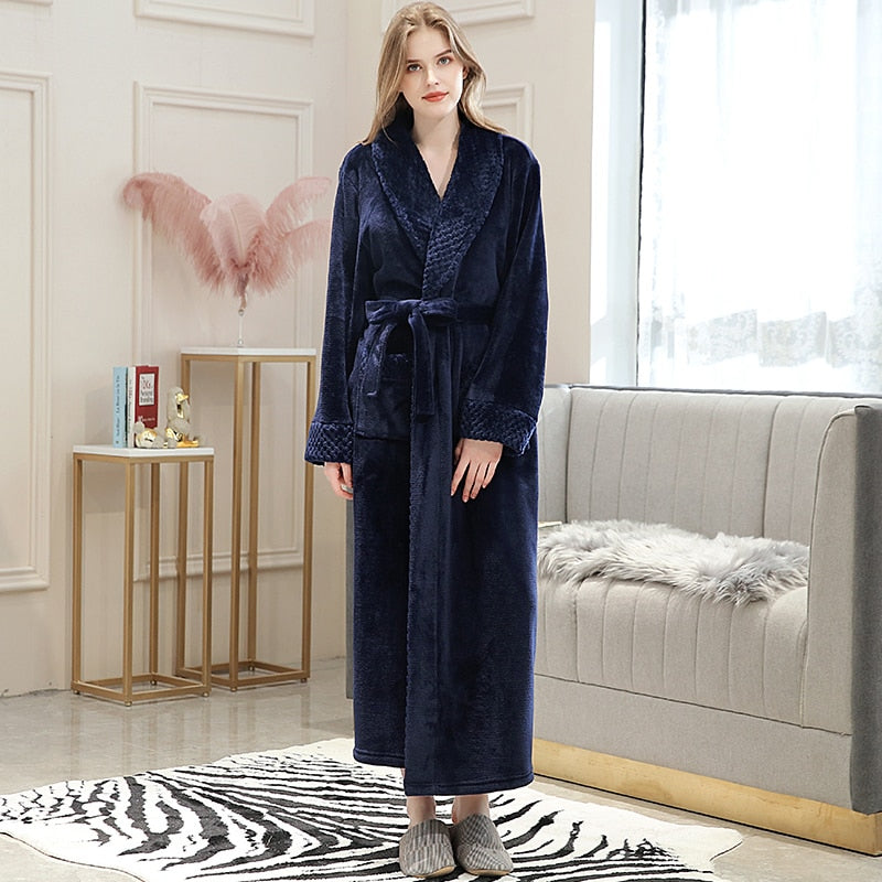 Men Winter Plus Size Long Coral Fleece Bathrobe Kimono Warm Flannel Bath Robe Men Cozy Robes Night Sleepwear Women Dressing Gown