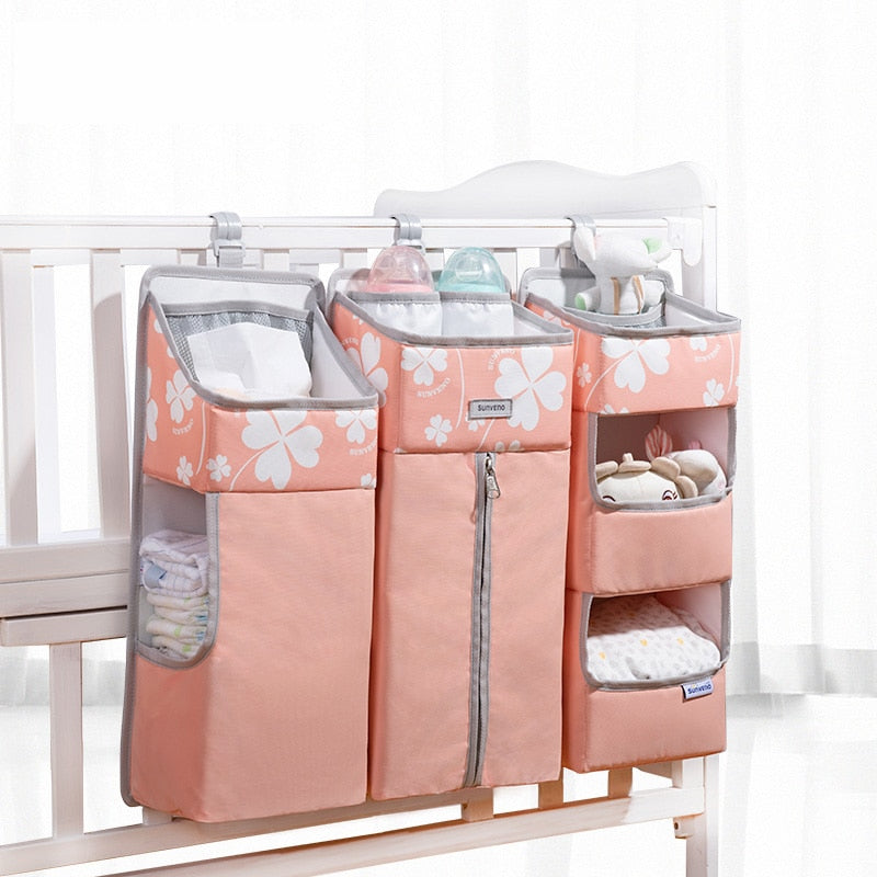 Sunveno Crib Organizer for Baby Crib Hanging Storage Bag Baby Clothing Caddy Organizer for Essentials Bedding Diaper Nappy Bag