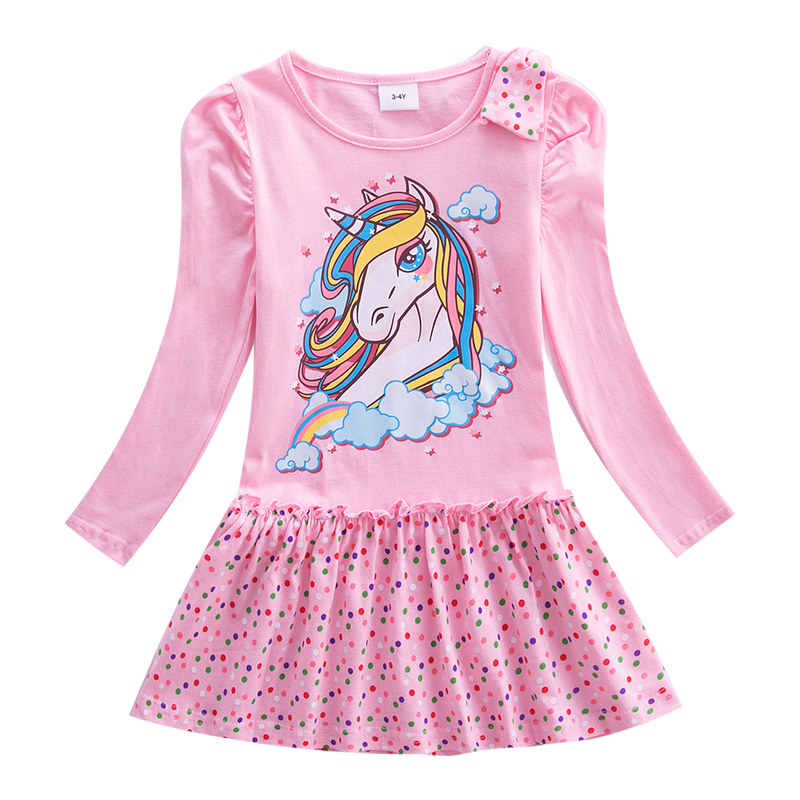 Girls Long Sleeve Star Embroidered Dress Girls Autumn New Style Two Pocket Rainbow Striped Sleeve Cotton Dress LH5809