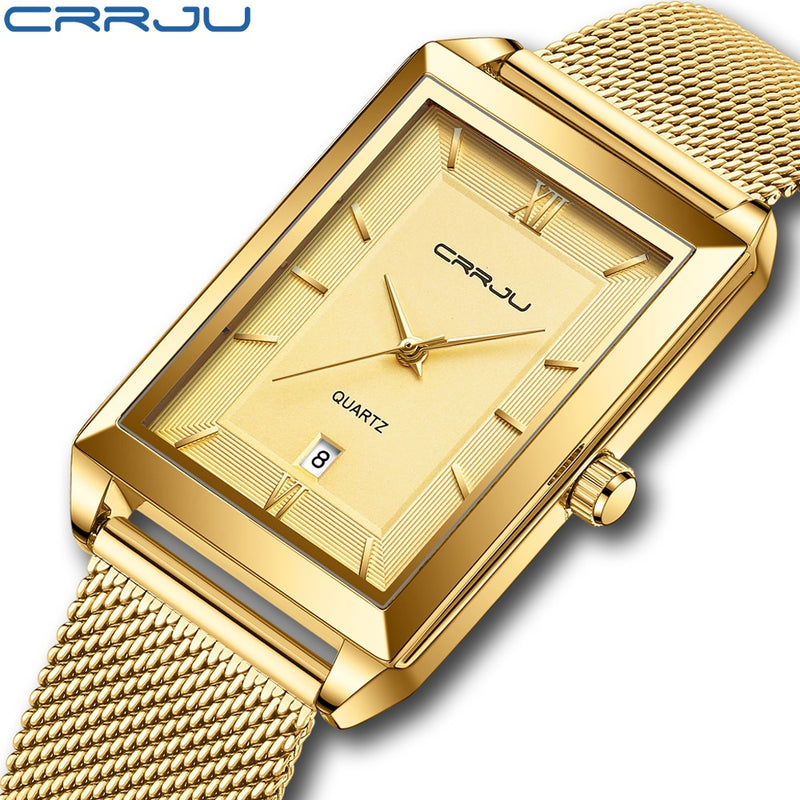 CRRJU Uhr Herren Top-Marke Luxus Square Golden Quarz Edelstahl Wasserdicht Armbanduhr Relogio Masculino