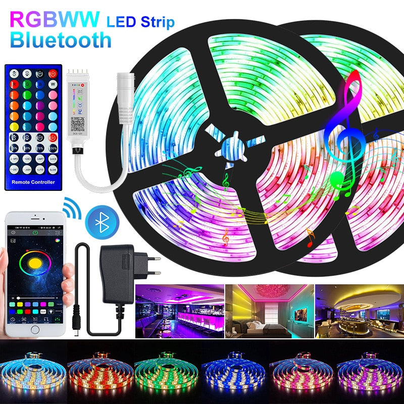 5M-30M LED-Streifenlicht Bluetooth RGBWW SMD 5050 LED-Leuchten DC12V RGB-LED-Banddiodenband Flexible APP-Telefonsteuerung + Adapter