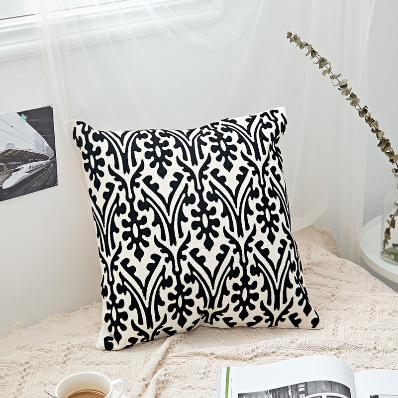 Home Decor Embroidered Cushion Cover Black White Abstract Geometric Canvas Cotton Square Embroidery Pillow Cover 45x45cm