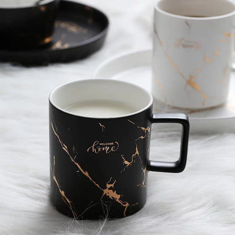 Luxury Nordic Marble Ceramic Coffee cups Condensed Coffee Mugs Cafe Tea breakfast Milk Cups Saucer Suit with Dish Spoon Set Ins