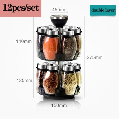 Glass seasoning jar box rotary set  box kitchen salt seasoning jar powder Organizer Revolving Spice Rack Storage Box Glass Bowl