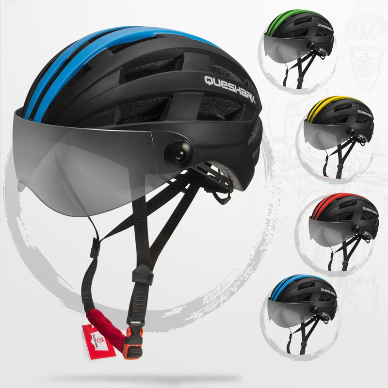 QUESHARK Men Women Ultralight Cycling Helmet MTB Road Bike Bicycle Motorcycle Riding Removable Transparent Lens Safely Cap QE116