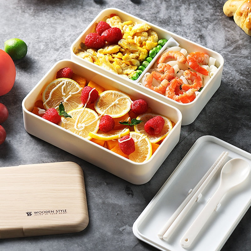 Mikrowellen-Doppelschicht-Lunchbox im Holzstil, Bento-Box, tragbare Behälterbox, BPA-frei