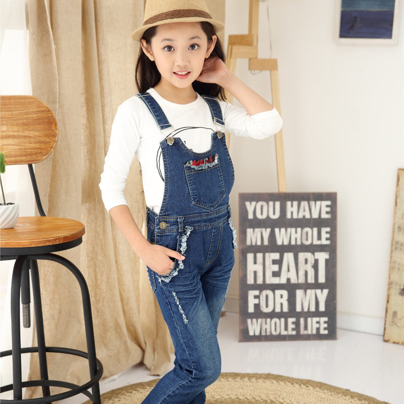 Kinder-Denim-Overall-Overall für Mädchen, Loch, zerrissene Jeanshosen, Kinder-Denim-Latzhose, Teenager-Jeans-Hosenträgerhose