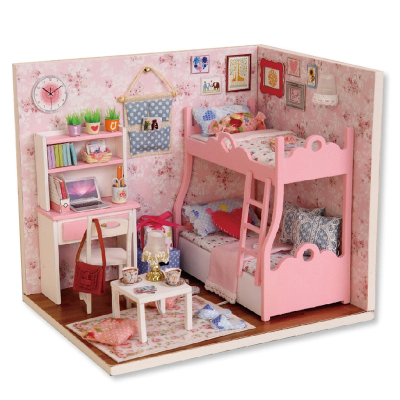 Cutebee DIYHouse Miniature with Furniture LED Music Dust Cover Model Building Blocks Toys for Children Casa De Boneca