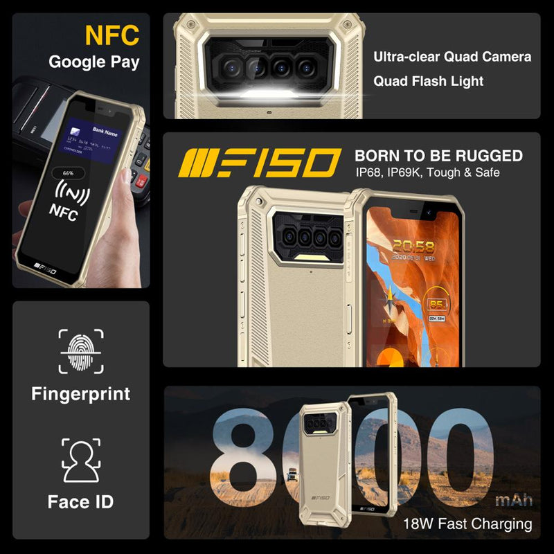 F150 B2021IP68/69K Teléfono inteligente resistente 6GB + 64GB 8000mAh Octa Core Teléfono móvil NFC 5.86 '' HD + MediaTek Helio G25 13MP Teléfono con cámara