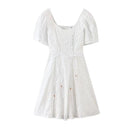 2020 Retro Embroidery Hole Stitching Lace Cross Lacing up Short Sleeve Short Dress Woman White French Mini Dresses Holiday