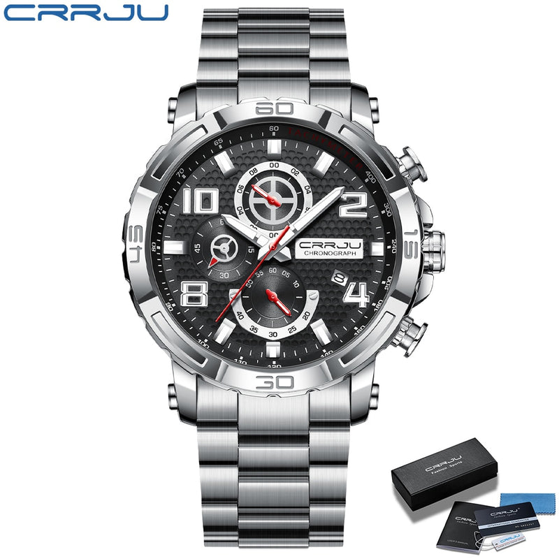 CRRJU Men Watches Big Dial Waterproof Stainless Steel with Luminous handsDate Sport Chronograph Watches Relogio Masculino