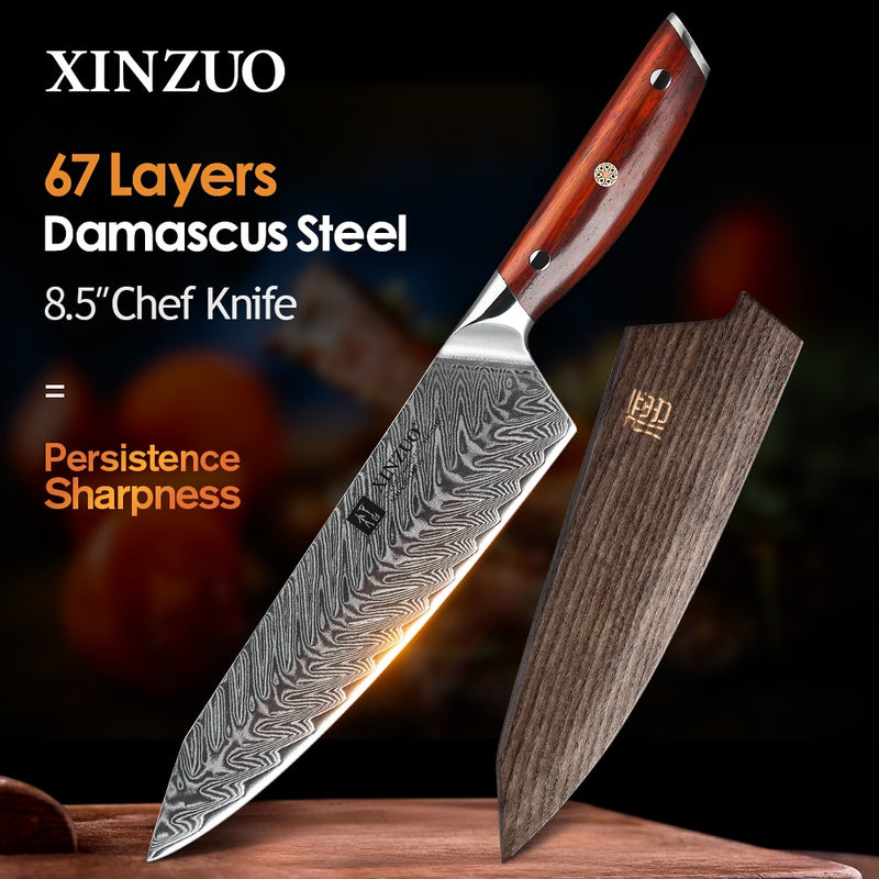 XINZUO 8.5 ''Inch Chef Knives Damascus Steel Japanese Kitchen Knives Damascus VG10 Stainless Steel Knives with Rose Wood Handle