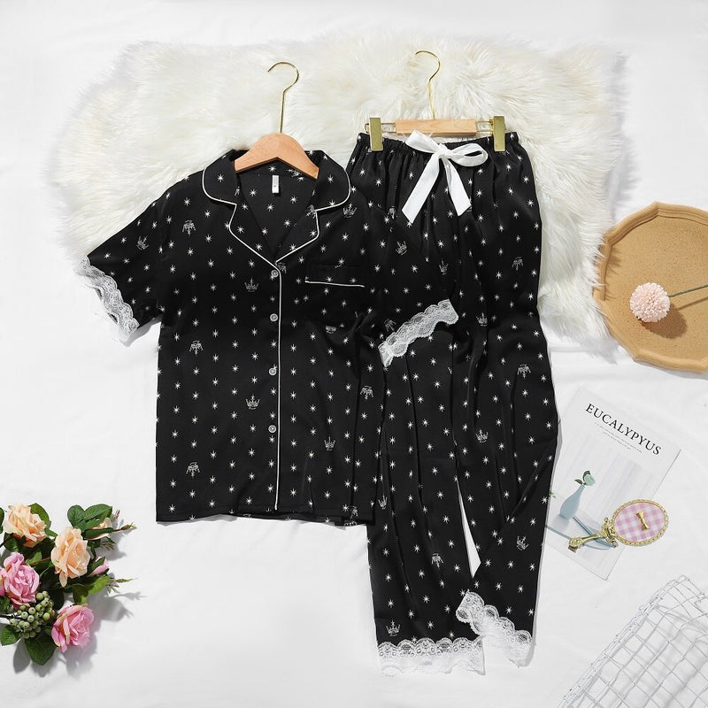 Lisacmvpnel Srping New Crown Print Mujer Pijamas Encaje Dulce Traje de manga corta Pijamas Verano Satén Gasa Tacto suave Ropa de dormir