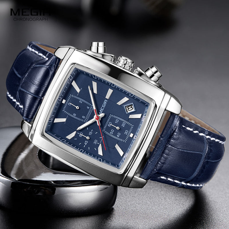 Reloj Megir con correa de cuero y esfera rectangular para hombre, relojes de cuarzo con cronógrafo azul informal, reloj de pulsera para hombre, reloj de pulsera para hombre